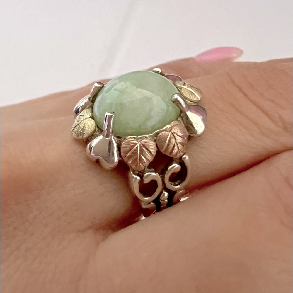Green Jade Leaf Ring - Artisan Silver and Rose Gold Accents